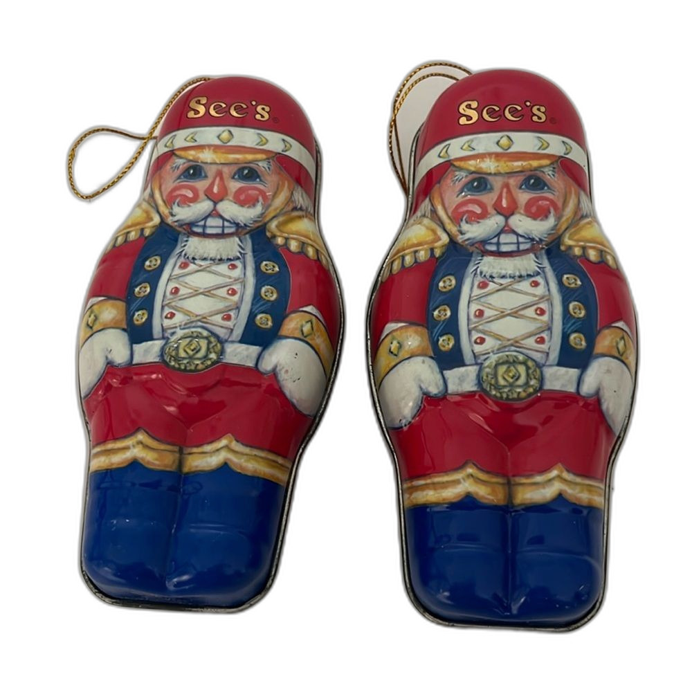 EUC 2 Santa Clause Nutcracker See’s Candy 1996 vintage ornaments 4.5” tall